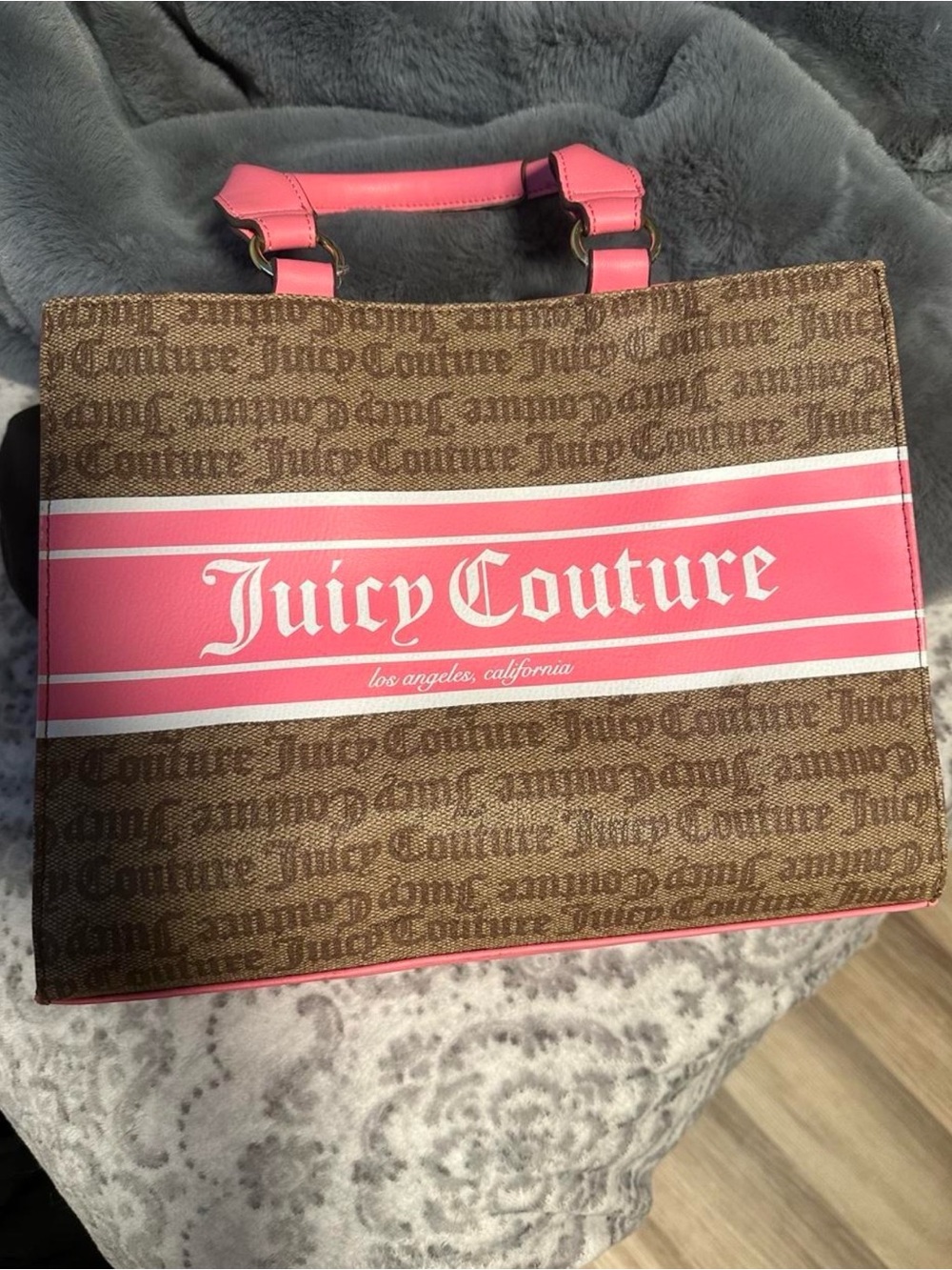 Juicy Couture Brown Monogram Tote with Pink Logo Stripe